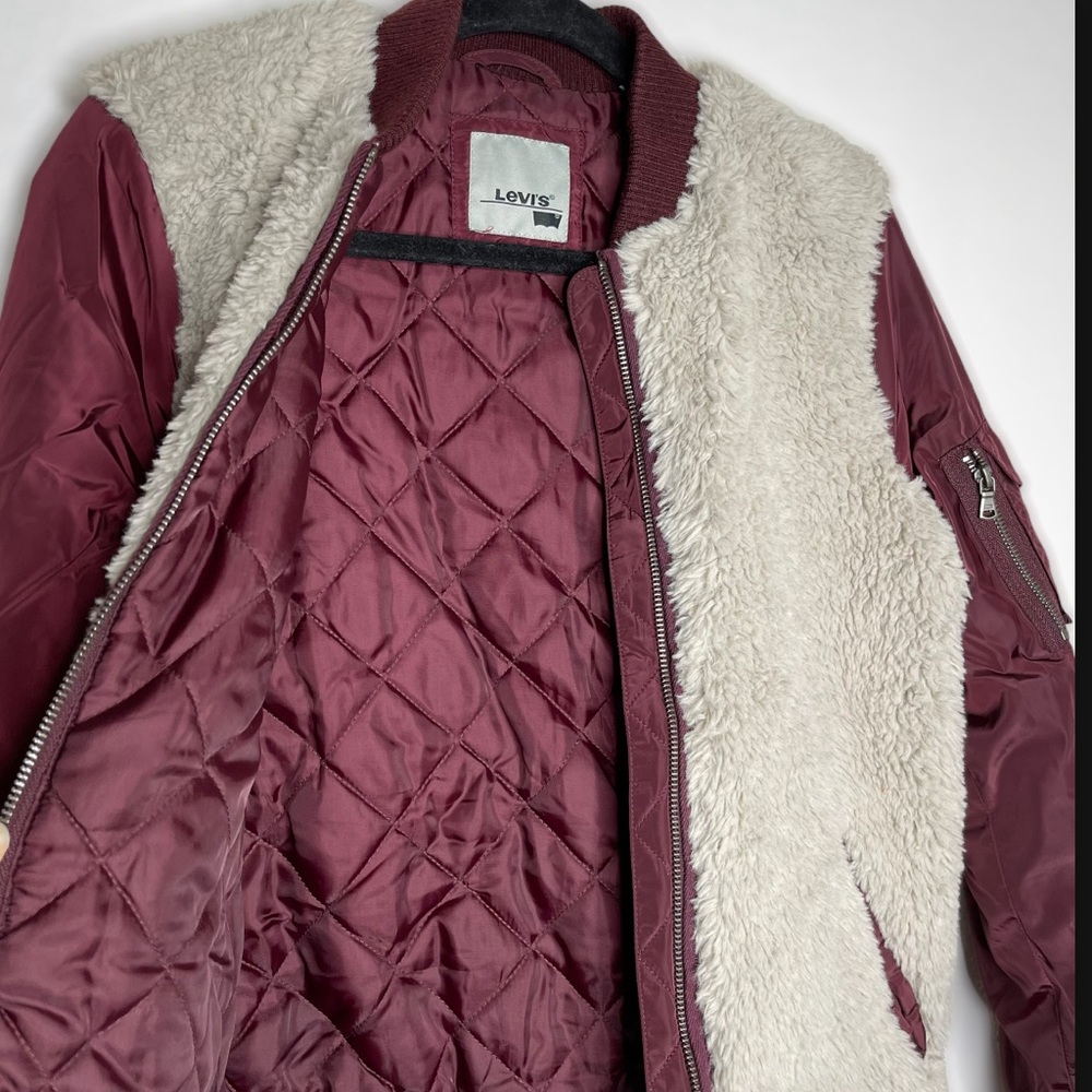 Levi’s Beige / Burgundy Faux Fur Bomber Jacket